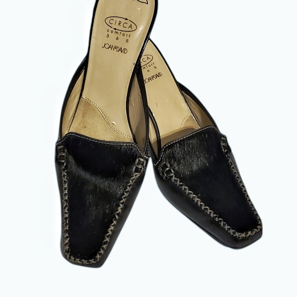 Circa by Joan & David Black calf hair point toe slides.